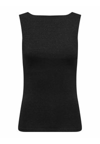 Top senza maniche nero con scollatura rotonda, realizzato in tessuto liscio e elasticizzato con una sottile texture brillante, silhouette aderente.