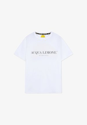 Vit bomullströja med rund hals och korta ärmar. Har en grå logotext "ACQUA LIMONE classic" över framsidan.