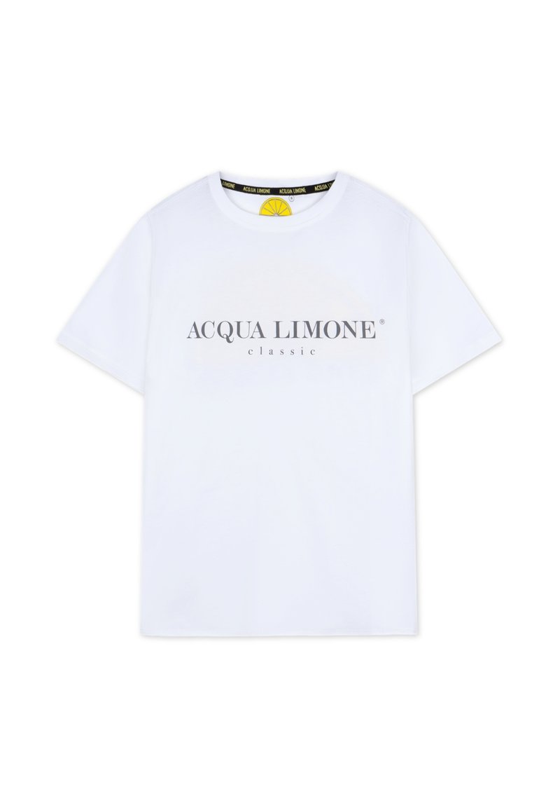 Vit bomullströja med rund hals och korta ärmar. Har en grå logotext "ACQUA LIMONE classic" över framsidan.