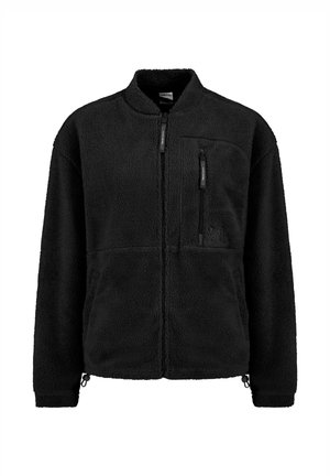 Black fleece jacket with a high collar, front zip closure, zippered chest pocket, and two side pockets. Textured fabric with a soft finish.