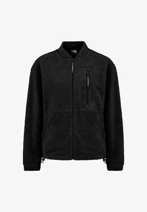 Black fleece jacket with a high collar, front zip closure, zippered chest pocket, and two side pockets. Textured fabric with a soft finish.