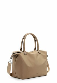 Borsa beige realizzata in un materiale liscio e durevole. Presenta due manici superiori, una tracolla rimovibile e una chiusura con zip. Design semplice e strutturato.