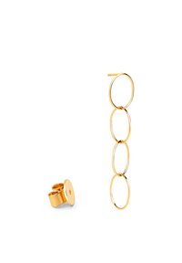 Pendientes en tono dorado que presentan un solo pendiente circular y una pieza colgante con tres anillos enlazados, mostrando un acabado liso y pulido.