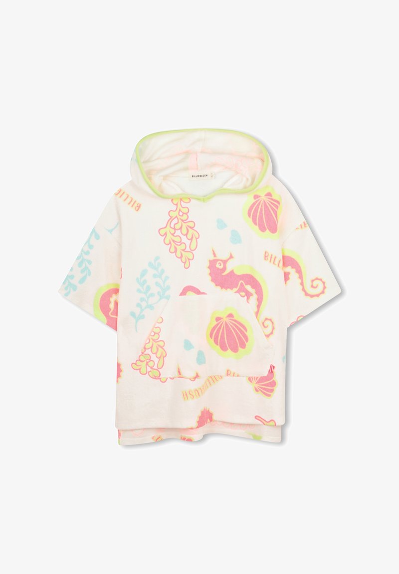 Haut à capuche à manches courtes en tissu blanc doux, avec un motif coloré sur le thème de la mer comprenant des hippocampes, des coquillages et du corail. Accents verts contrastants.