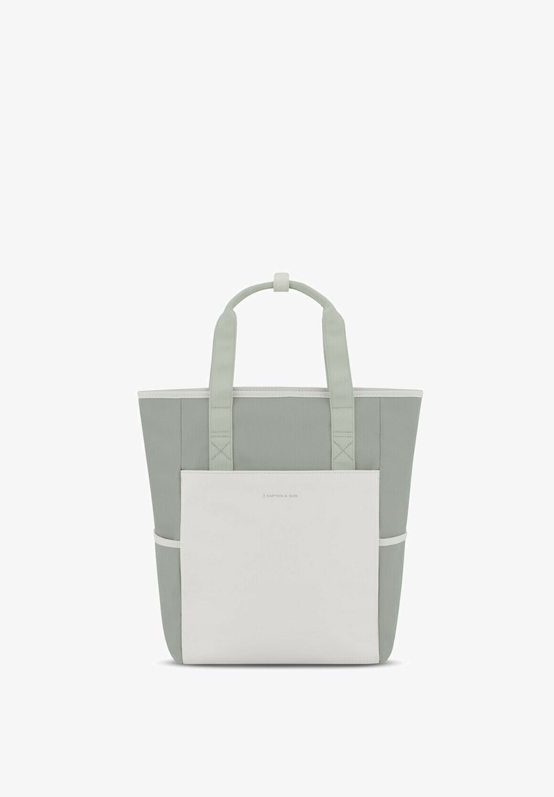 Torba tote w jasnozielonym i białym materiale z dwoma górnymi uchwytami, przednią kieszenią i gładką teksturą. Minimalistyczny design z detalem marki.