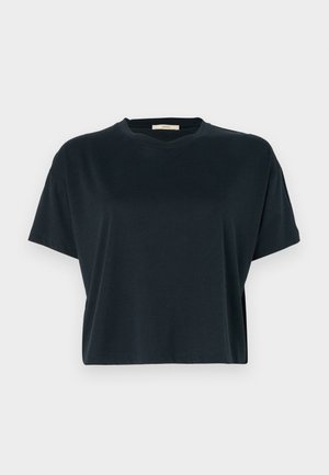 Black, short-sleeve t-shirt with a round neckline and loose fit. Made of soft material with a smooth texture and no visible patterns or hardware.