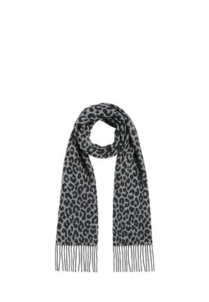 Gray scarf featuring a leopard print pattern in dark gray, with fringed edges for texture. Made of soft material, suitable for layering.