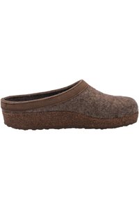 Brown felt clog with a cork sole, featuring a contoured shape and a stitched leather trim along the upper edge for added detail.