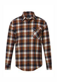 Camicia in flanella a quadri arancione, blu navy e bianco con colletto button-down, maniche lunghe e taschino sul petto. Tessuto morbido con motivo a quadri.