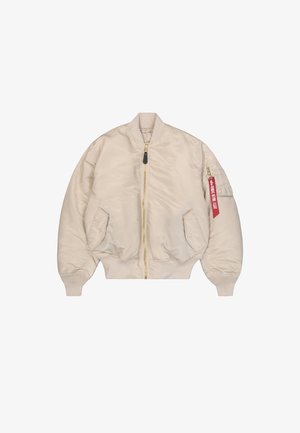 Beige bomber jacket with a shiny, smooth exterior, gold zipper, ribbed cuffs, and two side pockets. Features a red fabric tag on sleeve.