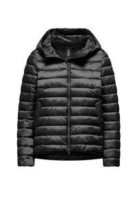 Giacca a vento nera con zip frontale e cappuccio staccabile. Presenta una texture trapuntata e imbottita con tasche laterali. Design leggero e snello.