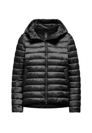 Giacca a vento nera con zip frontale e cappuccio staccabile. Presenta una texture trapuntata e imbottita con tasche laterali. Design leggero e snello.