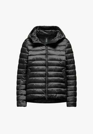 Giacca a vento nera con zip frontale e cappuccio staccabile. Presenta una texture trapuntata e imbottita con tasche laterali. Design leggero e snello.