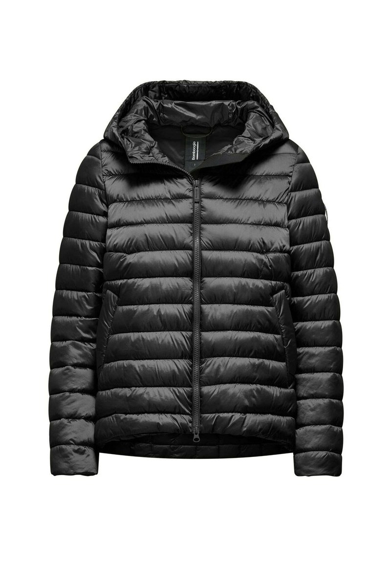 Giacca a vento nera con zip frontale e cappuccio staccabile. Presenta una texture trapuntata e imbottita con tasche laterali. Design leggero e snello.