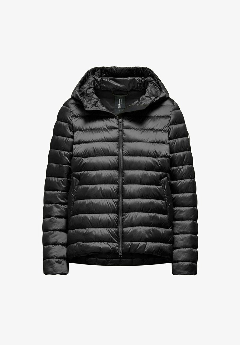 Sort pufferjakke med lynlås foran og aftagelig hætte. Har kviltet, polstret tekstur og sidelommer. Let og slank design.