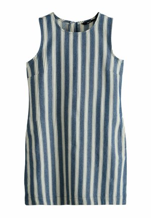 Šaty bez rukávů s vertikálními námořnicky modrými a bílými pruhy, kulatý výstřih a rovný střih do délky ke kolenům.