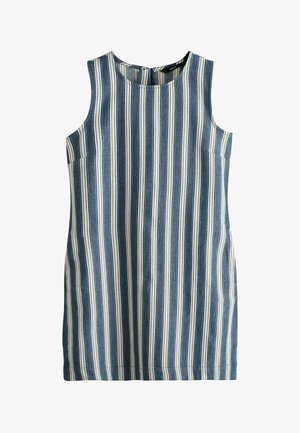 Ärmelloses Kleid mit vertikalen marineblauen und weißen Streifen, rundem Ausschnitt und einem geraden, knielangen Schnitt.