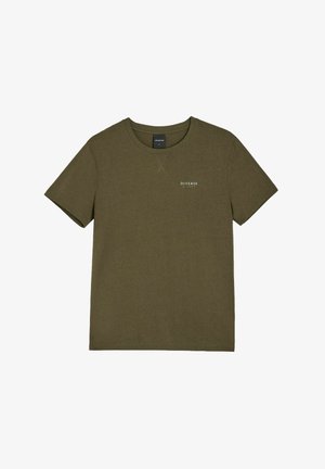 Oliwkowa bawełniana koszulka z okrągłym dekoltem, krótkimi rękawami i małym białym logo "DIVERSE E.1993" z przodu. Prosty design.