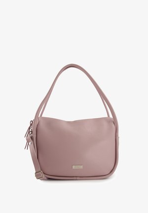 Light pink leather handbag with a rounded shape, single top handle, and a metallic logo accent. Features a zip closure and tassel detail.