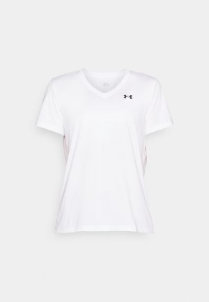 White v-neck t-shirt made of lightweight fabric, featuring short sleeves and a small black logo on the left chest. Smooth texture.