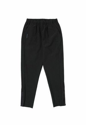 Mustad sportpüksid elastse vöökohaga, küljetaskute ja lukuga õmblustega pahkluude juures. Siledast kangast ning kohandatud istuvusega.