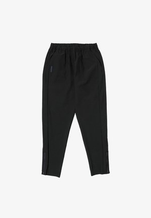 Mustad sportpüksid elastse vöökohaga, küljetaskute ja lukuga õmblustega pahkluude juures. Siledast kangast ning kohandatud istuvusega.