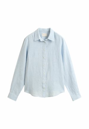 Hellblaues Langarm-Hemd mit Knopfleiste, spitzem Kragen, vorderen Knöpfen und leicht geschwungenem Saum.