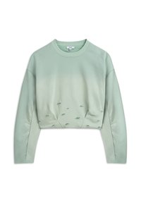 Sudadera corta de color verde menta en una suave mezcla de algodón, con cuello redondo y detalles deshilachados en el dobladillo y en la parte delantera. Mangas largas.