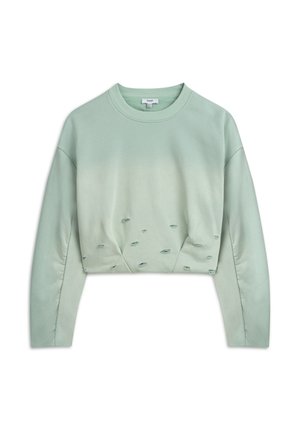 Mintgrüner cropped Sweater aus weichem Baumwollmix, mit Rundhalsausschnitt und ausgefransten Akzenten am Saum und an der Vorderseite. Lange Ärmel.