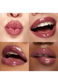 Four close-ups of diverse lips wearing glossy mauve lipstick in various expressions including puckered, smiling, and slightly parted.