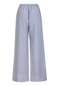 Lichtblauwe, wijde broek gemaakt van een zachte stof met een elastische tailleband. Heeft een rechte snit en minimale stikseldetails.