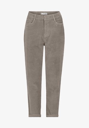 Graue Cordhosen im Slim-Fit-Schnitt, mit fünf Taschen und umgeschlagenen Säumen. Deutlich sichtbare Rippstruktur im gesamten Stoff.