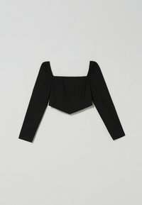 Svart blus med långa ärmar, fyrkantig halsringning och strukturerad bodice, med plisserade detaljer och avsmalnad nederkant. Slät tygtextur.