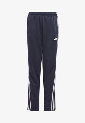 Pantalones deportivos en color navy con un diseño ajustado, cintura elástica, dos bolsillos laterales y franjas laterales blancas que presentan un logo en el muslo izquierdo.