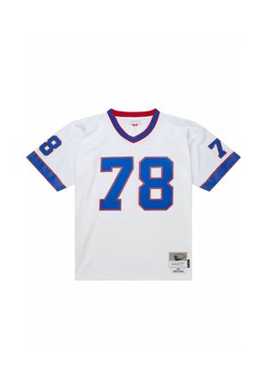 Weißes Sporttrikot mit roten Akzenten, blauen Zahlen "78" auf der Vorderseite und den Ärmeln, V-Ausschnitt und Stoffetikett in der unteren linken Ecke.