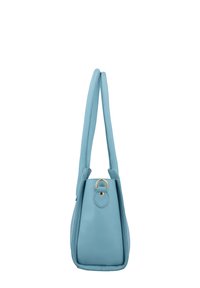 Blaue Lederhandtasche mit dreieckiger Form, zwei Schulterriemen, goldfarbenen Hardware-Akzenten und glatter Textur.