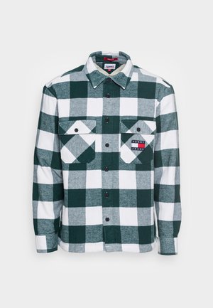 Grün-weiß kariertes Hemd mit langen Ärmeln, Knopfleiste und zwei vorderen Klapptaschen, eine mit einem "Tommy Jeans" Logo-Patch.