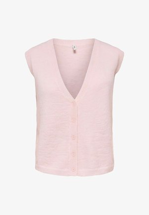 Hellrosa gestrickte ärmellose Weste mit tiefem V-Ausschnitt und fünf Vorderknöpfen, Größe klein, auf weißem Hintergrund dargestellt.