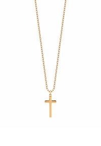 Złoty naszyjnik z prostym, gładkim wisiorkiem w kształcie krzyża zawieszonym na łańcuszku. Krzyż jest wypolerowany, bez wzorów czy ozdób.