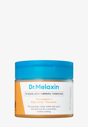 Tarro de Dr. Melaxin TX-Kojic Acid Turmeric Toner Pad con tapa azul, para refinar las manchas oscuras y el tono apagado de la piel.