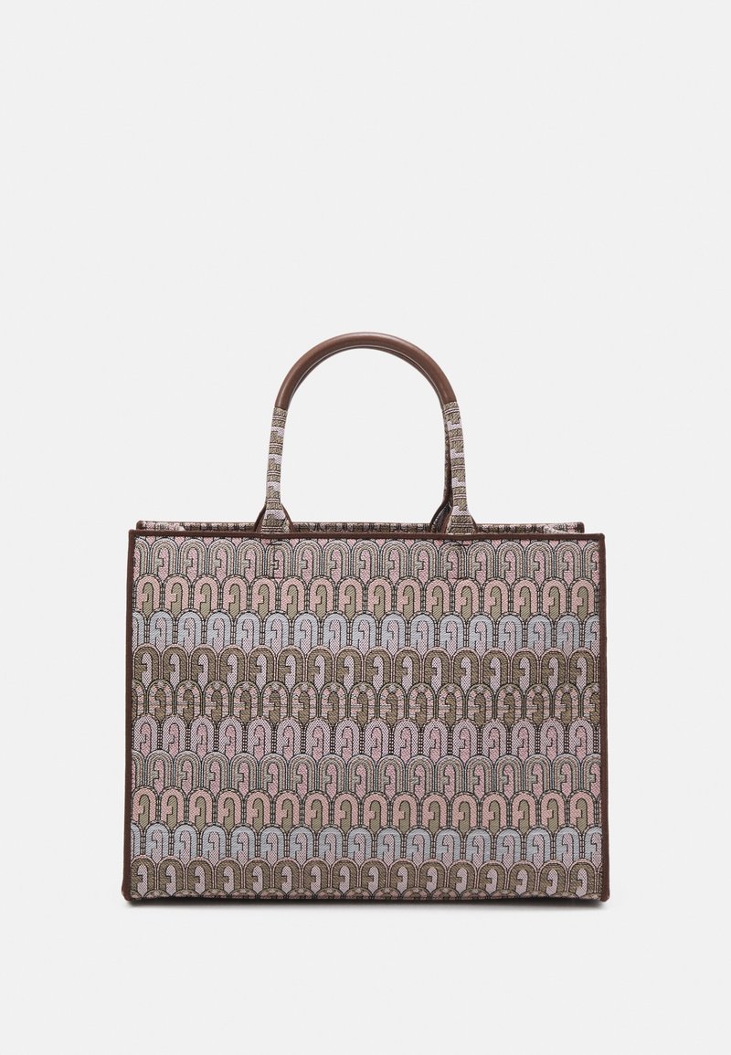 Sac fourre-tout rectangulaire avec double poignée, présentant un motif géométrique répétitif d’arcs dans des tons marron, rose et beige sur une surface en tissu.