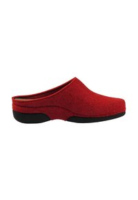Red slip-on clog-style slipper with black sole, closed toe, and backless heel, designed for indoor comfort.
