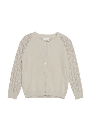 Hellbeige Strickjacke aus gestricktem Stoff. Mit Spitzenmuster an den Ärmeln, Knopfverschluss und gewelltem Saum.