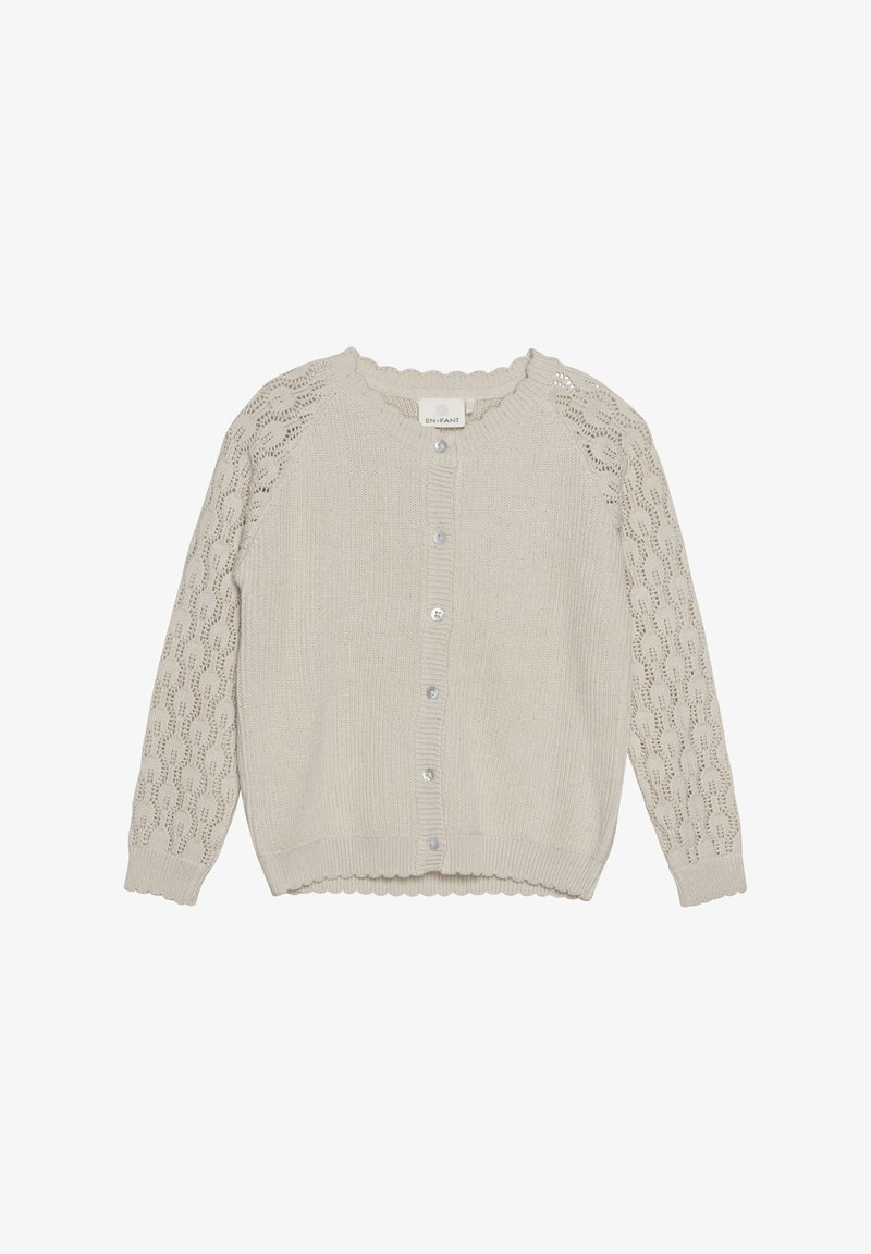 Lichtbeige cardigan van gebreide stof. Heeft mouwen met een kantpatroon, een knoopsluiting en een gegolfde zoom.