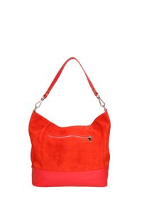 Rode suède schoudertas met een gladde leren bodem, voorzien van een voorvak met rits en een enkele verstelbare schouderband.