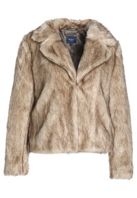 Faux kožená bunda ve světlém hnědém odstínu s měkkým, texturovaným povrchem. Disponuje širokým límcem a předním zapínáním. Podšité vnitřní části.