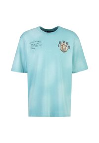 Lichtblauwe katoenen t-shirt met een leeuw graphic en tekstdetails. Korte mouwen en een ronde halslijn met een losse pasvorm.