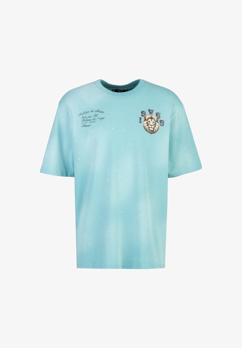 Hellblaues Baumwoll-T-Shirt mit einem Löwenmotiv und Textdetails. Kurze Ärmel und ein Rundhalsausschnitt mit lockerer Passform.