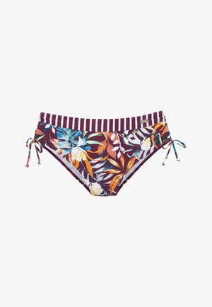 Madala vöökohaga bikiinipõhi, millel on burgundi ja valge triibuline vöökoht, troopilise lillemustriga sinistes, oranžides, rohelises ja valges toonides ning külgedel paelad.