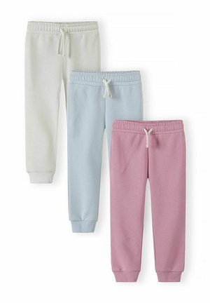 Trzy pary dziecięcych spodni dresowych w kolorach białym, jasnoniebieskim i różowym z elastycznymi pasami i sznureczkami, prezentowane na białym tle.